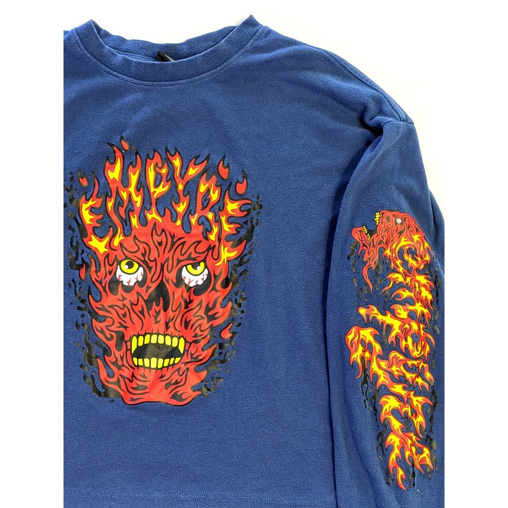 Empyre Blue Flaming Skull Graphic Long Sleeve T-Shirt Mens Small Skatewear